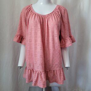 Inner Circle Top Pink Eyelet Lg Ruffled smock feminine BOHO Chic flowy Cottage